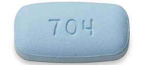 blue, oval/rectangular tablet with imprint of 704 on one side and GSI on the other.